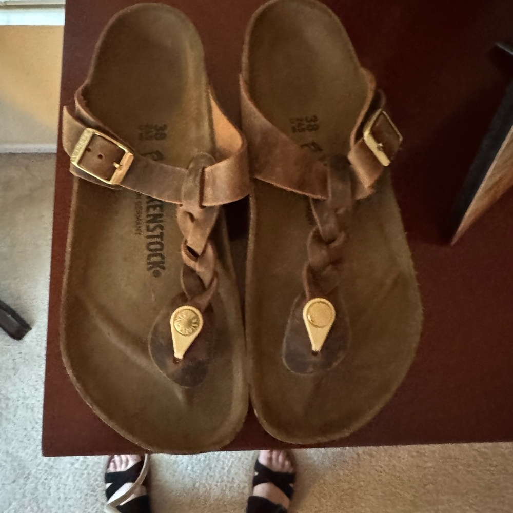 Birkenstock Tan Braided Sandals with Gold Buckle. (brand new)